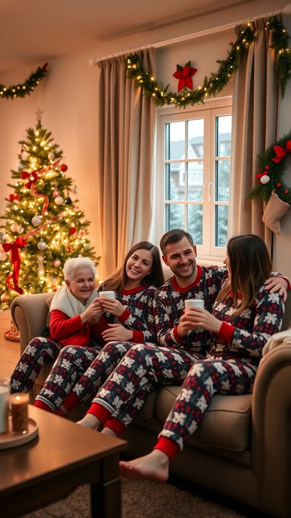A family in matching Christmas pajamas sitting in a cozy living room with a decorated Christmas tree.
